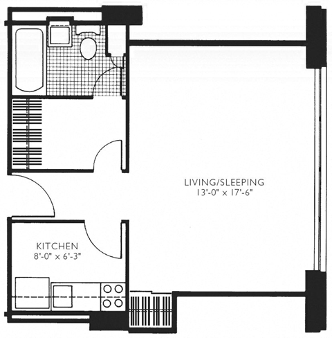 Floor plan for studio, 1 bath, 451 sqft